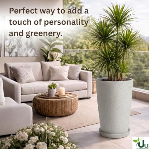 Image of Urban Upvan 18 Inch Solid White Tower Pot with Tray - Large Round Planter for Indoor & Outdoor Plants, Durable Decorative Plant Container (Pack of 1)