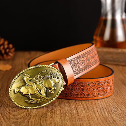 Image of Mastyle Men's Leather Belt with Horse Design Buckle - Adjustable Waist Strap for Jeans and Casual Wear