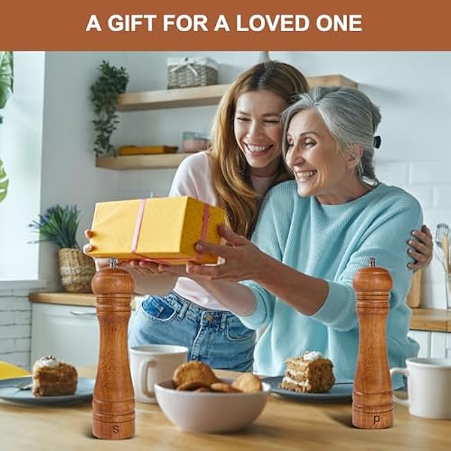 Wooden Salt and Pepper Grinder Set with Stand - 8-inch Oak Wood Salt Mill Pepper Grinder Set, Adjustable Ceramic Core, 2 Pepper Mills + Wooden Spoon & Cleaning Brush (Kitchen Essential)