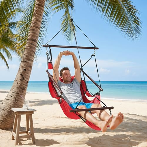 Image of ONCLOUD Hammock Chair Hanging Swing Seat Air Deluxe Rope Through Beech Wood Bars, Drink Holder & Fuller Pillow Safer Relax for Indoor Outdoor 250Lbs, Red