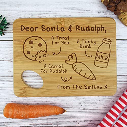 Image of eBuyGB Small Personalised Christmas Eve Board, Dear Santa, Rudolph Stop Her, Father Christmas & Reindeers Treat Plate, Wooden Snack Tray