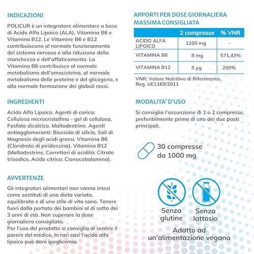 Policur Acido Alfa Lipoico 600Mg | Integratore Sistema Nervoso E Supporto Neurale | Alto Dosaggio Con Vitamine B6 E B12 | Azione Antiossidante E Metabolismo Zuccheri | 30 Compresse, Made In Italy - 10