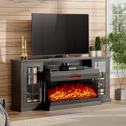AMERLIFE 75in 3-Sided Glass Fireplace TV Stand for TVs up to 85
