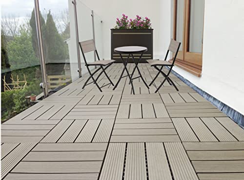 AQS INTERNATIONAL Set of 11 (1m²) Decking Floor Tile - Interlocking Plastic WPC Garden Patio Terrace Balcony Tiles - Flooring Wood Plastic Composite With Click System 30cm x 30cm (Grey)