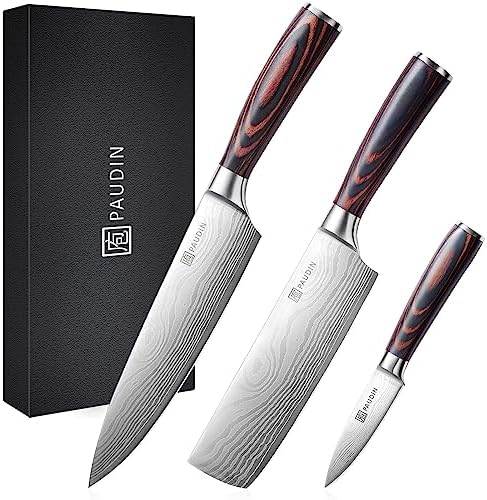 PAUDIN Kitchen Knife Set, 3 Piece High Carbon Stainless Steel Professional Chef Knife Set with Ultra Sharp Blade & Wooden Handle (Kitchen Knife Set 3 Pcs)