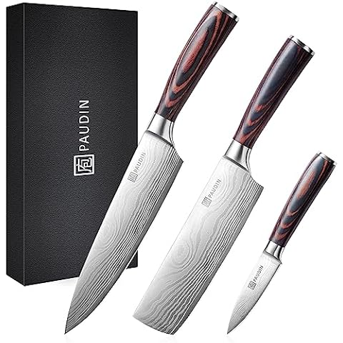 PAUDIN Kitchen Knife Set with Ultra Sharp Blade & Wooden Handle, 3 Pieces High Carbon Stainless Steel Knife Set Cover