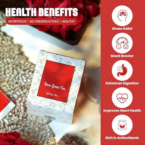 Image of Nature's Park Rose Green Tea - 20 Premium Tea Bags - For Glowing Skin, Stress Relieving, Good Sleep, Antioxidants Rich - Made with 100% Whole Leaf & Natural Rose Petals - Herbal Tea -150g