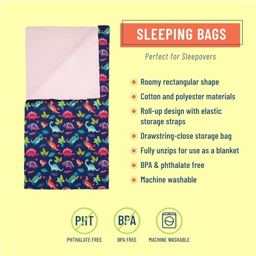 Image of Wildkin Kids Sleeping Bag - Roll-Up Design with Storage Bag for School, Travel & Camping - Dino Pals