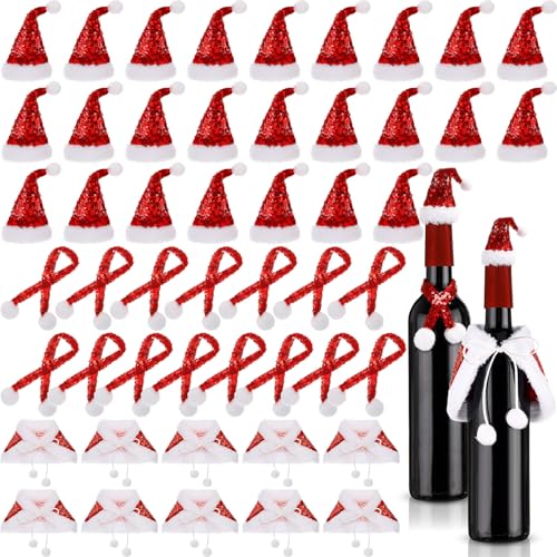 Nuenen 50 Pcs Mini Wine Bottle Covers Christmas Hat Set, Red Glitter