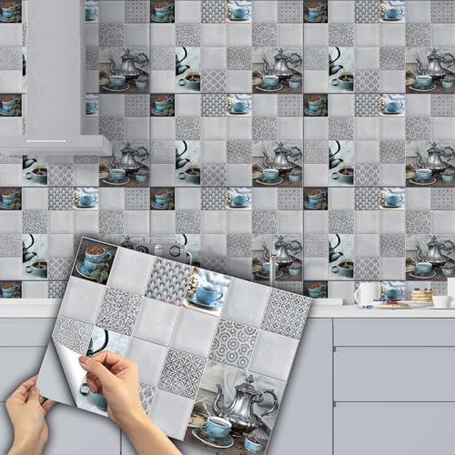 Image of Kitchen Wallpaper Tiles Sticker 12x18 Inch (Pack of 8) Self Adhesive Waterproof Oil Proof Wall Stickers for Kitchen Backsplash Decoration Heat Resistant PVC Wall Paper Tiles Design Kitchen Decor