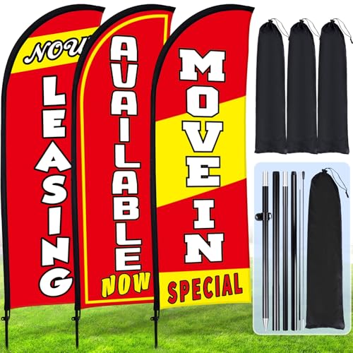 Buryeah Red 3 Set Feather Flag Kit Now Leasing Move in Special Available Flag with Pole Ground Stake and Bag Leasing Sign for Advertising Renting Welcome Banner for Outside Ground (7 ft)