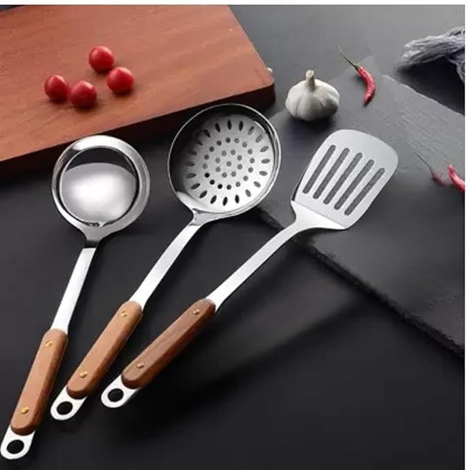 Pingaksawilla Kitchen Utensil Set with Wooden Handle & Stainless Steel Heads, 3 Sets Cooking Tools Combo (Ladle, Slotted Turner, Skimmer, Spoon, Spatula), Heat Resistant Kitchen Accessories