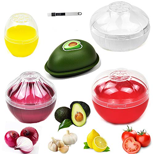 Onion Garlic Lemon Avocado StorageKeeper Yamesu BPA Free Tomato Vegetable Shaped Food SaverContainer 5-piece Set Bundle with a Brush