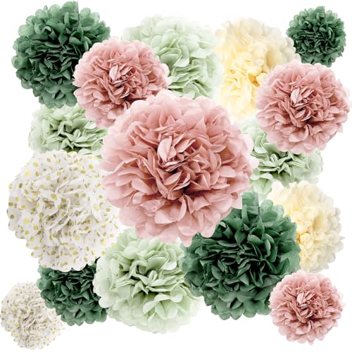Image of BestoFun 16 PCS Pink Green Party Decorations Tissue Paper Flowers Pom Poms Decorations for Girl Groovy Birthday Baby Shower Wedding Bachelorette Room Wall Hanging Decor