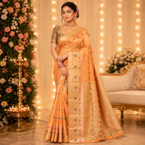 Image of Sarees for Women Wear Organaza Silk Banarasi Sari Kanjivaram Soft Pure Paithani Wedding Original Kanchipuram Pattu Sadi with Blouse Piece 2026 (Flowermeena)