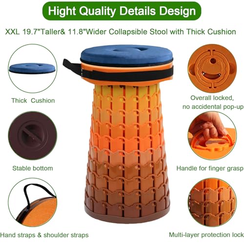 Image of 2026 Upgraded XXL Collapsible Stool with Thick Cushion,19.7 inchH-11.8 inchD Telescoping Folding Stool for Adults, More Sturdy Camping Stools with Load Capacity 1000lbs for Outdoor,Garden,Fishing,Hiking