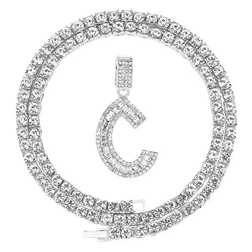 FW Jewelry HH BLING Silver Iced Out Baguette Initial Letter Necklace C with Rope Chain