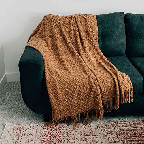 Graced Soft Luxuries Throw Blanket Textured Soft For Sofa Couch Decorative Knitted Acrylic Fringe Blanket (Cashew, Extra Large 60" X 80") #TOP1