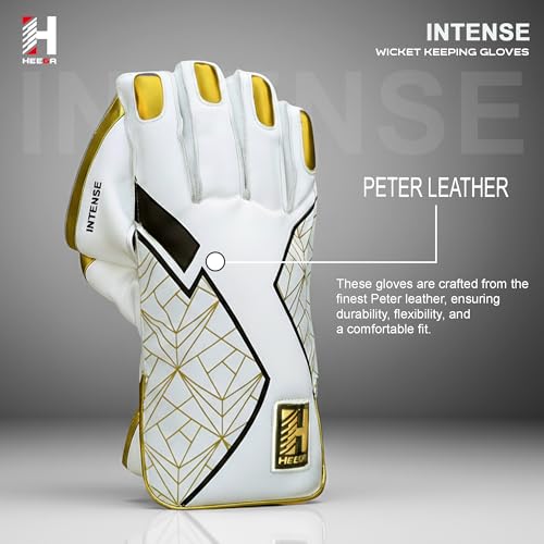 Image of Heega Intense White PU Leather Cricket Wicket Keeping Gloves Suitable for Professional Players | Durable Construction, Superior Grip, High-Density Finger Protection, Ergonomic Design (Size - Men)