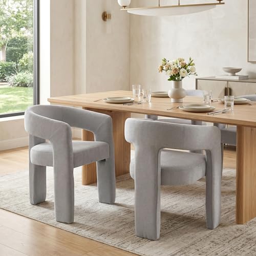 Image of HNY Modern Barrel Kitchen & Dining Room Chairs Set of 2, Chenille Upholstered Accent Chairs with Arm, 18.5'' Wide Side Armchairs Vanity Chairs for Living Room Bedroom Makeup Small Spaces, Grey