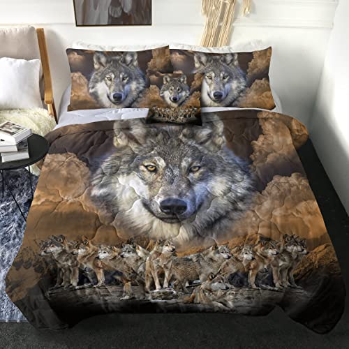 Sleepwish Gold Wolf Comforter Indian Wolf Queen Size Bed Set 3D Wolves Quilt Set 4 Piece Native American Wolf Bedding Sets With Comforter, Pillow Shams, Cushion Cover (Queen) #TOP10