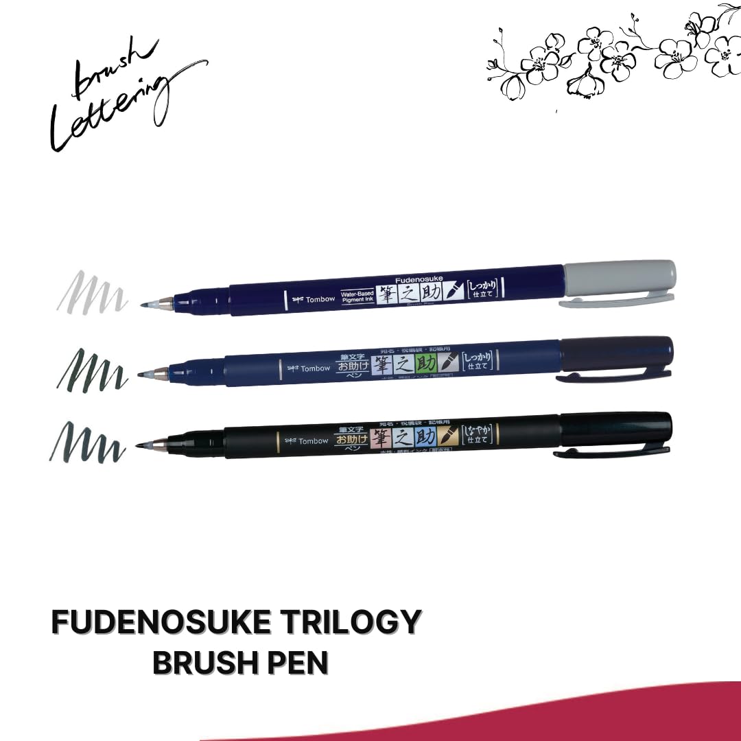 Tombow Fudenosuke Triology Set + Fudenosuke Twin Elastic Brush Tip - Perfect for Hand Lettering Sketching & Bullet Journaling, Set of 4 - Image 2