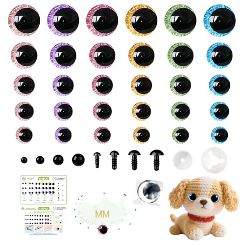 MUCUNNIA Glitter Moon Safety Eyes 256Pcs 6-30mm Safety Eyes for Crocheting with Washers and Size Tools Large Crochet Safety Eyes for Amigurumi Gift for Crochet Lovers Christmas Decorations