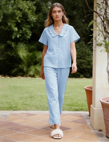 Image of Flygo Womens Gingham Pajamas Set Cotton 2 Piece Pj Set Scalloped Collar Babydoll Shirt Pants Plaid Y2K Lounge Sets