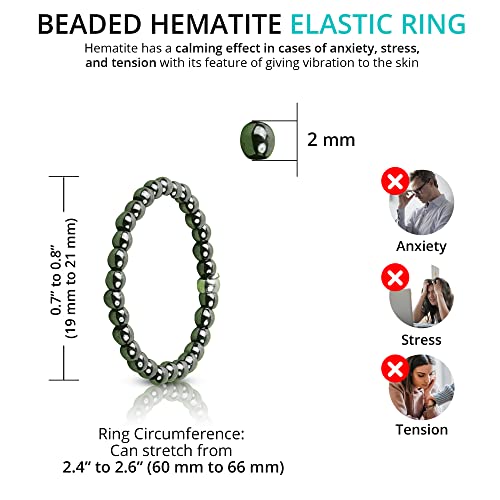 Pera Petra Beaded Hematite Elastic Ring - Hematite Crystal Ring For Women, Healing Beaded Rings For Men, Absorbs Negative Energy, Natural Stone Ring With 2Mm Beads (Large Size) #TOP1