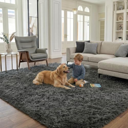 OHWPEAT 8x10 Ft Dark Grey Fluffy Area Rug for Living Room, Washable