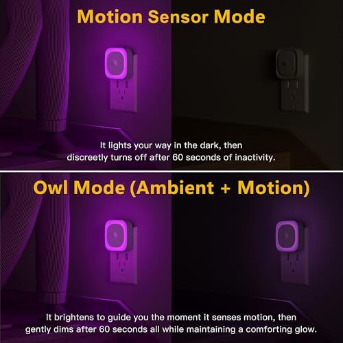 Image of YUNLEX 2 Pack Plug in Night Light with Motion Sensor & Dusk to Dawn Sensor, 3 Sensor Modes, Purple Lights Plug into Wall, Dimmable Calming Glow for Meditation, Relaxation, Bathroom