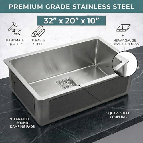 Image of ARQUIN Kitchen Sink 32 inchx20 inchx10 Inch Handmade Single Bowl sink Heavy Duty Stainless Steel Sink for Kitchen Basin with Brushed Matte Finish Including Coupling, Hose Pipe, Fruit Tray