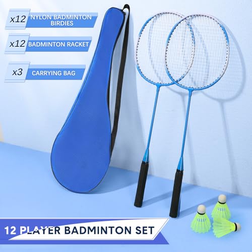Image of 12 Pack Badminton Rackets Set Including Badminton Racquets, Nylon Shuttlecocks and Carry Bag for Outdoor Backyard Games Beginners