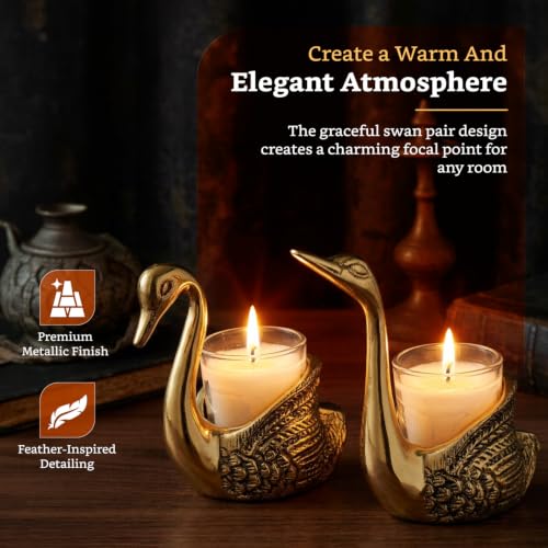 Image of Amazon Brand - Solimo Aluminium Pair of Swans Candle Holder Showpiece | Gold Finish | Feng Shui Home Decor for Living Room, Table & Puja | Good Luck Gift (Candles Not Included)