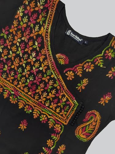Image of Seva Chikan Hand Embroidered Lucknowi Chikankari Black Cotton Angarkha Style Kurta for Women SCL4626