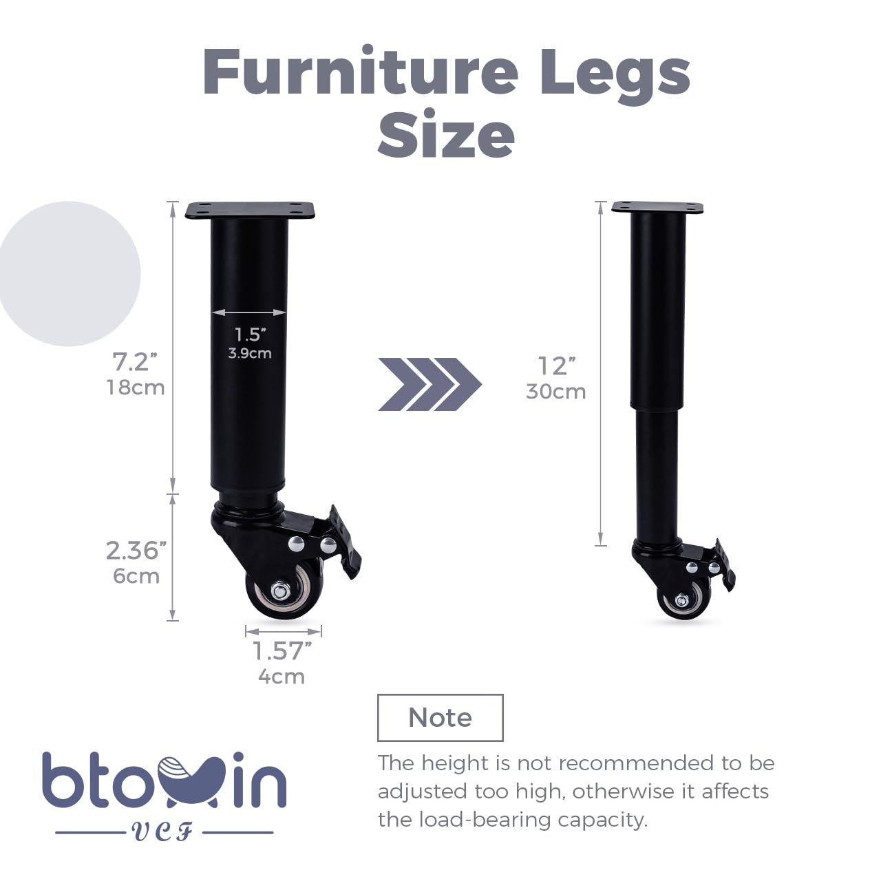Patas de metal ajustables para muebles de 24 a 36 cm con ruedas giratorias, 4 patas de soporte de repuesto resistentes para gabinete/estante de almacenamiento/silla/aparador/mesa de café