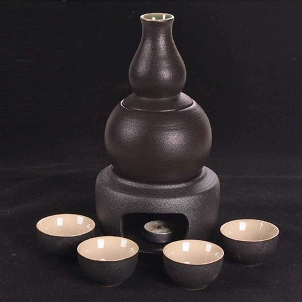 7 Piece Sake Set Ceramic Wine Glasses Set with Warmer Pot and Heating Furnace 7oz Gourd Design for Cold/Warm/Shochu/Tea Best Gift for Family and Friends