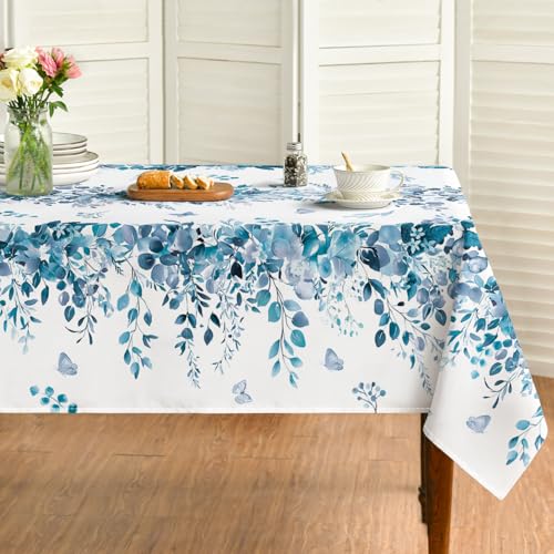 Image of Horaldaily Spring Tablecloth 60x104 Inch Rectangular, Eucalyptus Floral Blue Table Cover for Party Picnic Dinner Decor