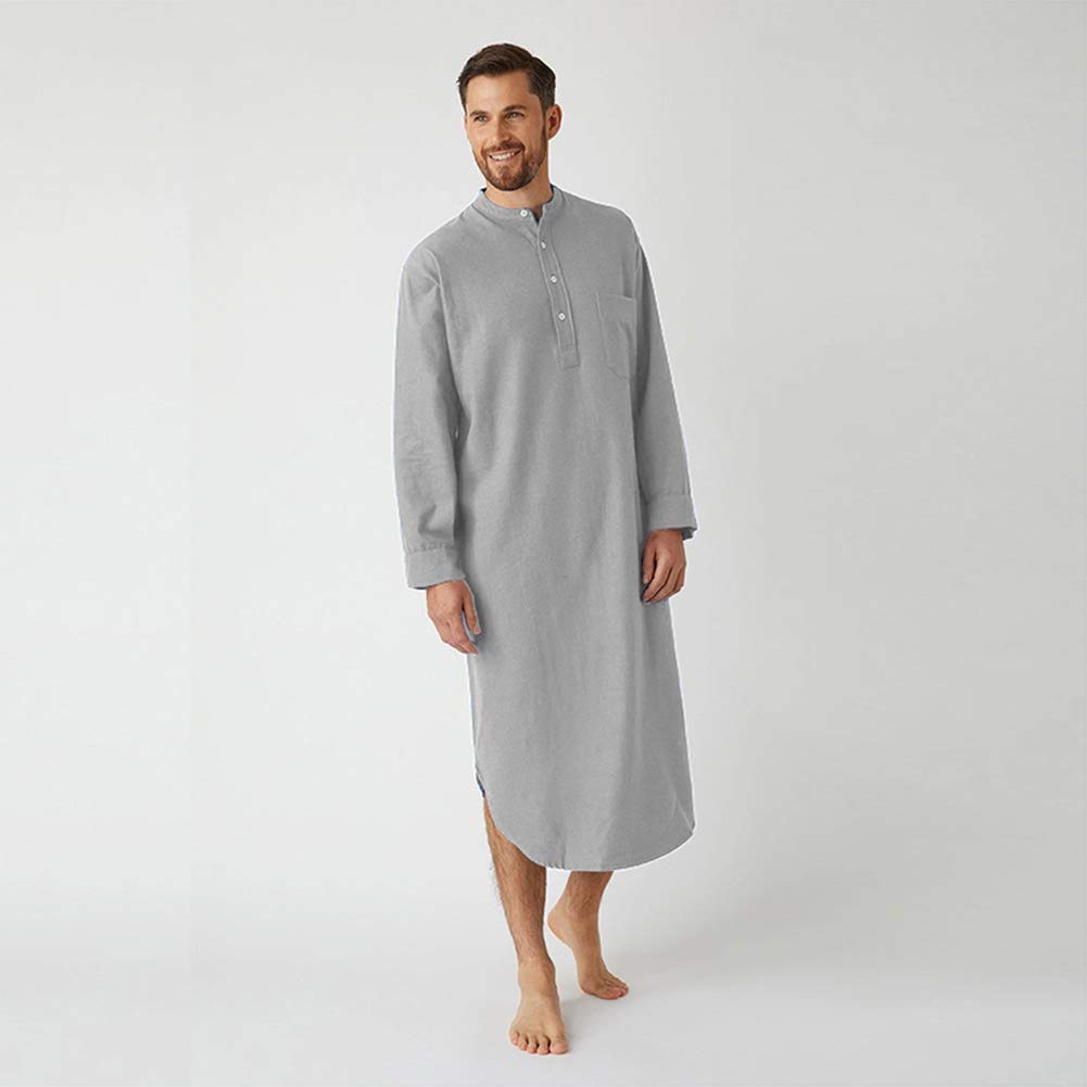 Bawełniane koszule do spania dla mężczyzn - Męska bielizna nocna z długim rękawem Henley Neck Nightgown Islamic Arab Robe