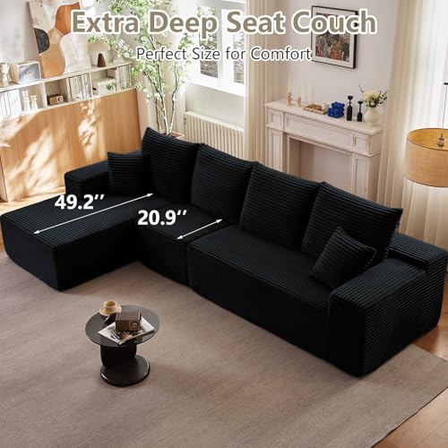 Image of 135 inch Modular Sectional Couches for Living Room, Comfy Boneless L Shaped Cloud Couch with Chaise Lounge, Modern Cozy Corduroy Deep Seat Floor Sofa, Memory Foam, No Assembly Required, Black