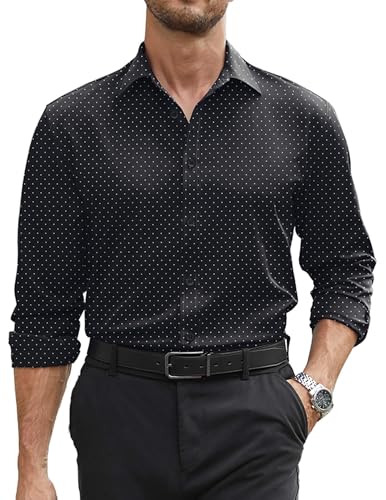 COOFANDY Chemise extensible à manches longues boutonnée pour homme Coupe régulière, Noir à pois, XX-Large
