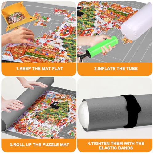 Image of PATPAT Felt Puzzle Floor Mat Puzzle Storage Mat for 1500 Count Jigsaw Puzzle Pieces, with 4 Puzzle Pieces Organizer Tray, Air Pillar, Air Pump, Fastener Strap, Storage Bag, No Jigsaw Puzzle Included