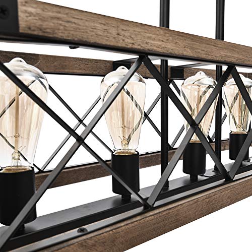 Lingkai Farmhouse Rectangular Chandelier Rustic 5 Lights Kitchen Island Light Fiture, Linear Industrial Pendant Lighting Fixtures Wood for Dining Room Pool Table