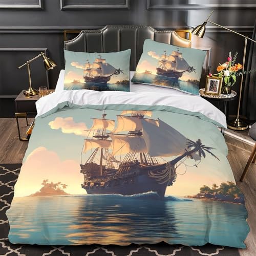 YVASPQRTW Barco Pirata navegando 3D Impresión Funda de edredón 3pz Microfibra Transpirable Aventura náutica Edredón Funda 2 Fundas antidesvanecimiento Decoración Familia Single (135x200cm)