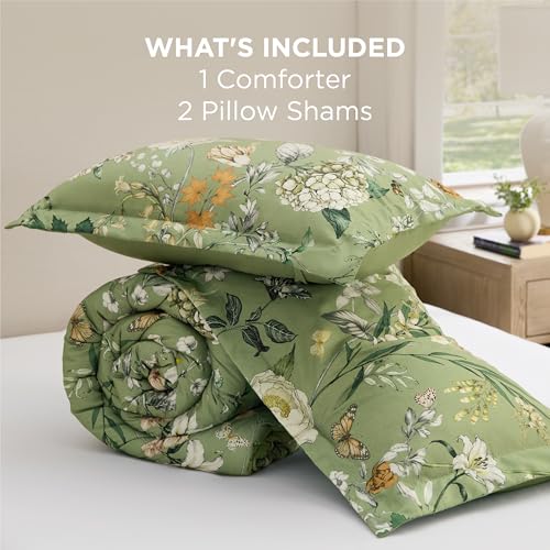 Image of Bedsure Comforter Set Full Size - Cute Floral Bedding Comforter Set, 3 Pieces, 1 Soft Reversible Olive Green Woodland Floral Flowers Comforter and 2 Pillow Shams
