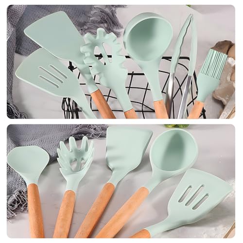 Set di utensili cucina, 12 pezzi, utensili da cucina con manico in silicone e legno, sani, antiaderenti, lavabili in lavastoviglie, design resistente al calore - immagine 4