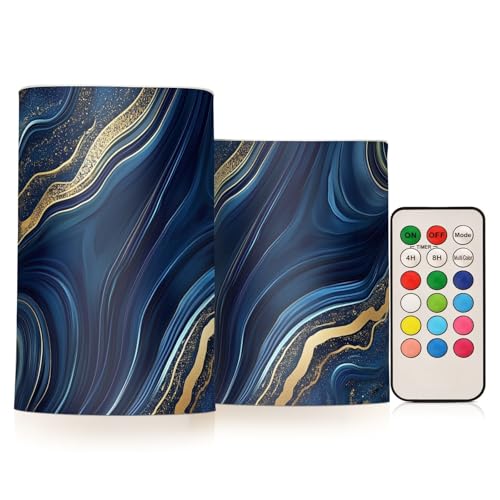 Image of Navy Golden Marble Flickering Flameless Candles LED Battery Operated with Remote Timer Pillar Candles for Home Birthday Wedding Christmas Decor, Set of 2