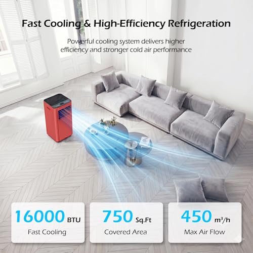Image of 16000 BTU Portable Air Conditioners with WiFi APP, 5-in-1 Portable AC Unit for Large Room up to 750 Sq.Ft with Fast Cooling, Dehumidifier, Fan, Quiet 40dB Sleep Mode, 24H Timer for Home, Office(Red)