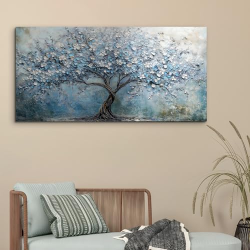 crmotu Tree of Life Large Wall Art for Living Room, Cherry Blossom Tree Abstract Art Prints Canvas Pictures, Modern Blue White Aesthetic Painting Bedroom Bathroom Home Office Wall Decor 30"X60"
