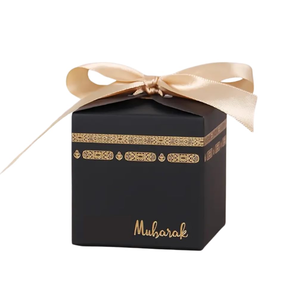Mubarak Favour Boxes – 10 Pack | Mini Islamic Gift Boxes with Gold Ribbon | 6.5cm | Umrah, Hajj, Eid Party Decorations & Favors | Elegant Black and Gold Design